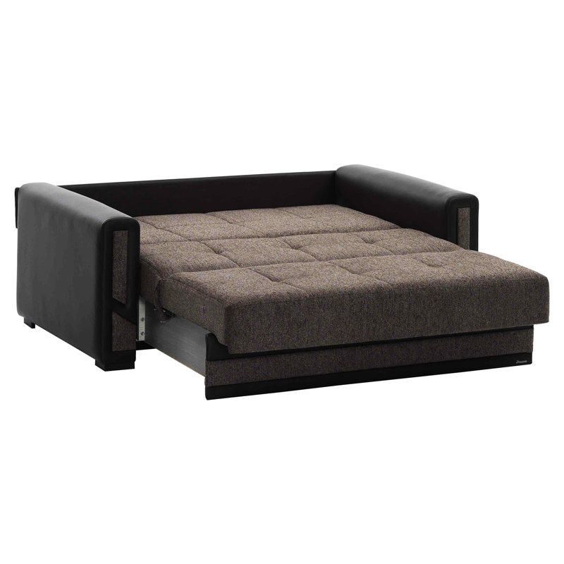 Convertible avec rangement, collection Brown. Transformez-le en canapé-lit. Revêtement en chenille de qualité. Pieds. Capacité de poids de 600 lb. Convient aux petits espaces. Coussins de siège confortables. Enlever les taches.