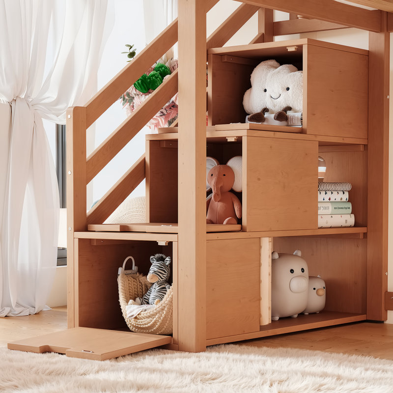 Structure de lit mezzanine avec glissade, escalier de rangement et garde-robe intégrée Haven Kids, Lit simple, Noyer