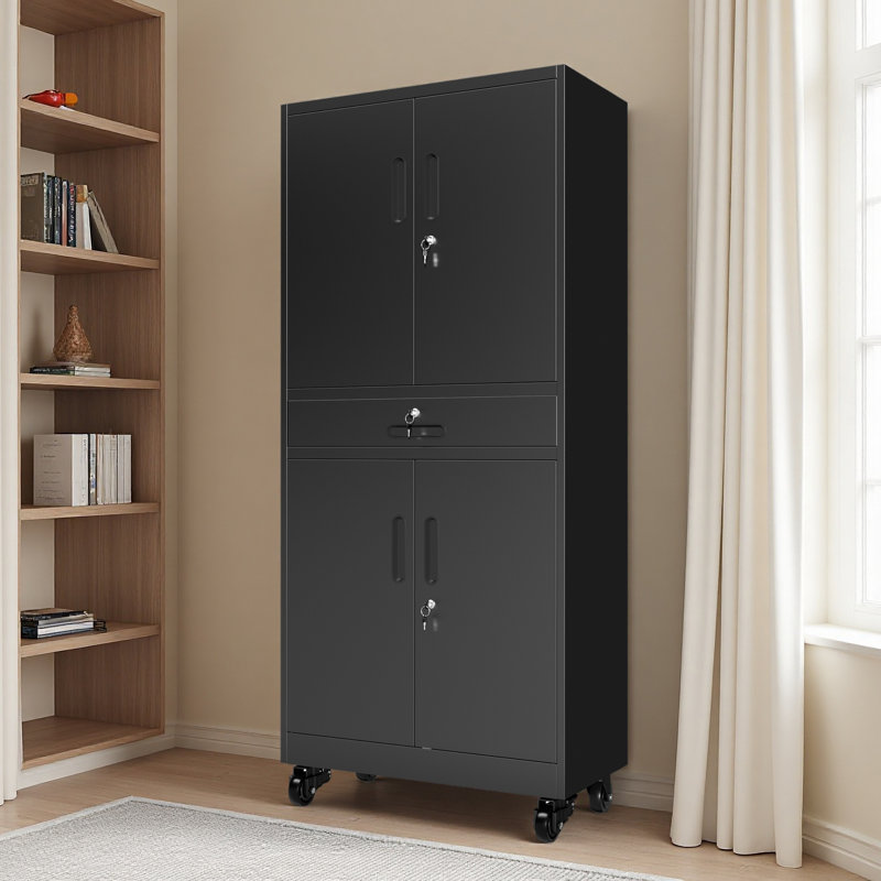 Metal Storage Cabinet With Drawer, 71" Garage Cabinet With Locking Doors And 2 Adjustable Shelves, Heavy Duty Tool Cabinet With Pegboard, 8 Hooks & Rolling Wheels For Home Office Utility
