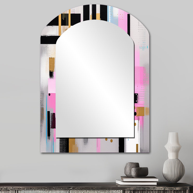 Rose doré, rayures audacieuses - miroir mural cubique en arc, miroir décoratif asymétrique rose, impression d'art en métal