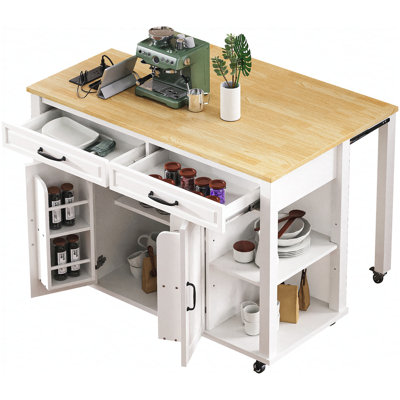 47 inch Kitchen Island with Extendable Dining Table, Rubber Wood Veneer Kitchen Table with Internal Storage Rack, Power Outlet, Kitchen island with Storage 2 Drawers 2 Cabinet,White