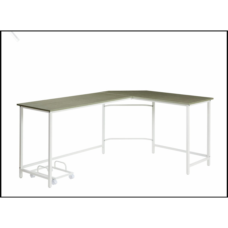 Bureau d'ordinateur en L Bambina avec bord biseauté et support d'ordinateur portable, maximisant l'espace dans les petites pièces.