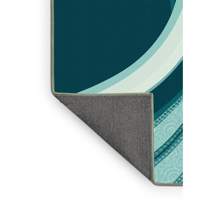 Tapis moelleux moelleux à motif abstrait tropical en bleu - reliure vert sauge, 5 x 7