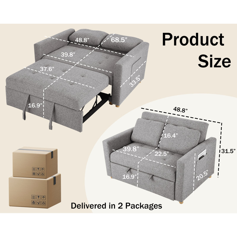 48.8" Wide Upholstered Reclining Sleeper Sofa, Gray