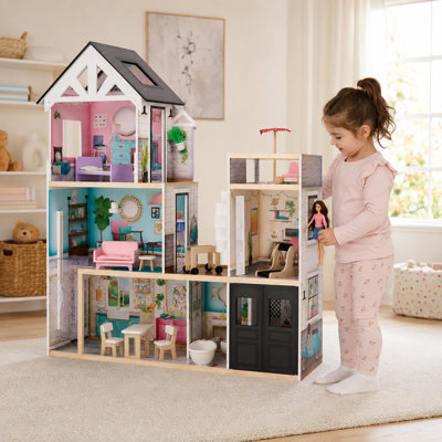Teamson Kids Dreamland Mansion Wooden Doll House with 3 Floors, Terrace, Elevator, Spiral Stairs, Lights, Sounds and 18 Accessories