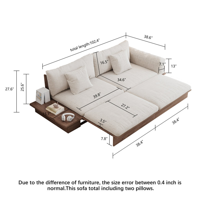 Grimpante 102.3" Upholstered Sleeper Cotton Linen Sofa Bed,Left and Right Installation, Walnut Wood