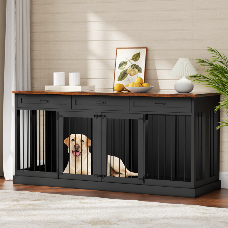 Meuble pour chien 70,9 "avec 3 tiroirs et cloison, chenil robuste pour 2 grands chiens, H 70,86" x 23,6 "x H 33,66", Noir