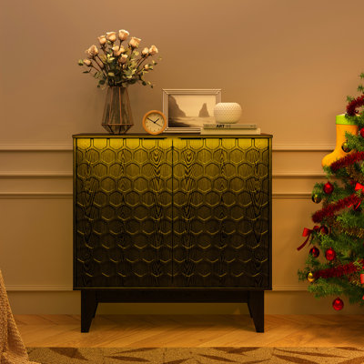 Black Sideboard Buffet Credenza Storage Cabinet with Honeycomb Hexagonal Design,31.5” Accent Console Cabinet with Doors and Led Lights for Living Room,Kitchen