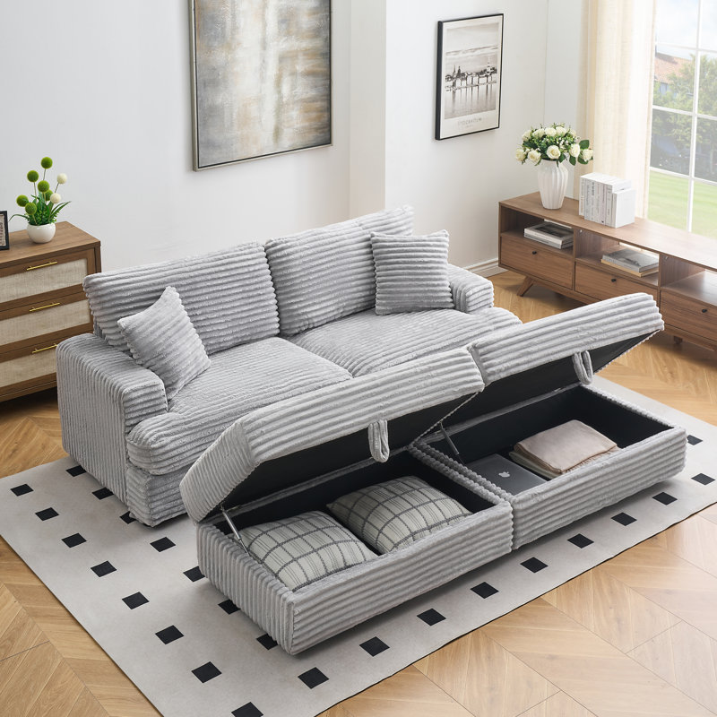Canapé 88,58 pouces en velours côtelé gris avec deux pieds de rangement et quatre coussins, doux et élégant pour le salon et le bureau