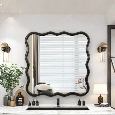 Décoration murale moderne en bois massif avec miroir carré ondulé 36 "x 36"
