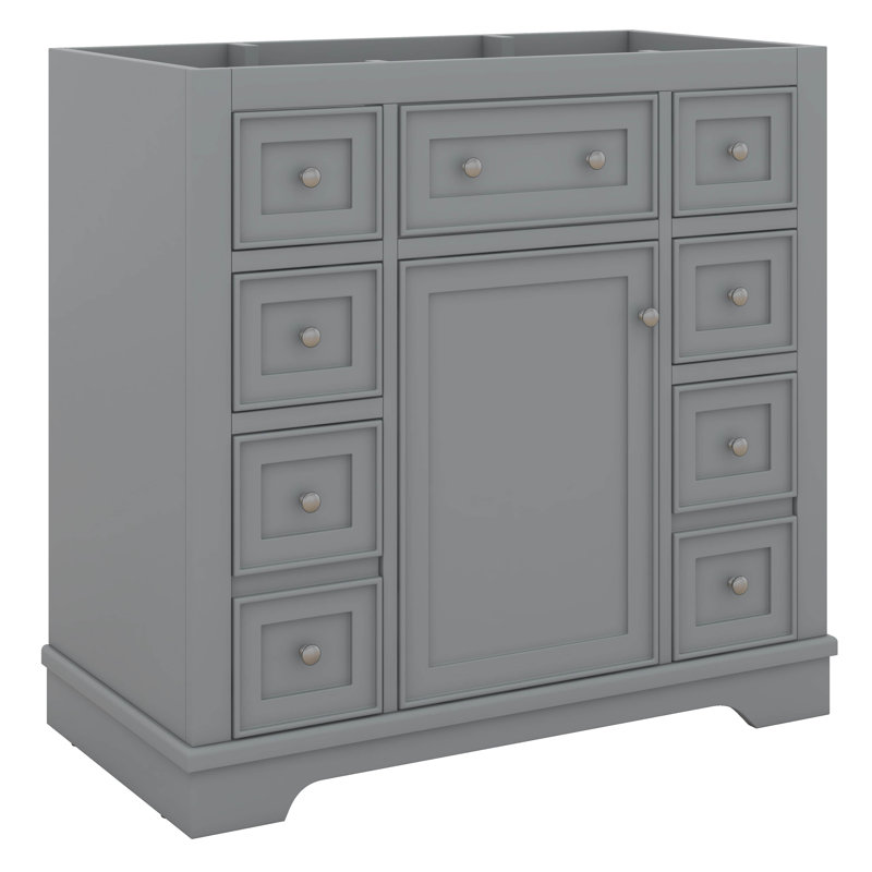 Meuble-lavabo 36 po sans lavabo, base d'armoire seulement, une armoire et six tiroirs, cadre en bois massif, Gris