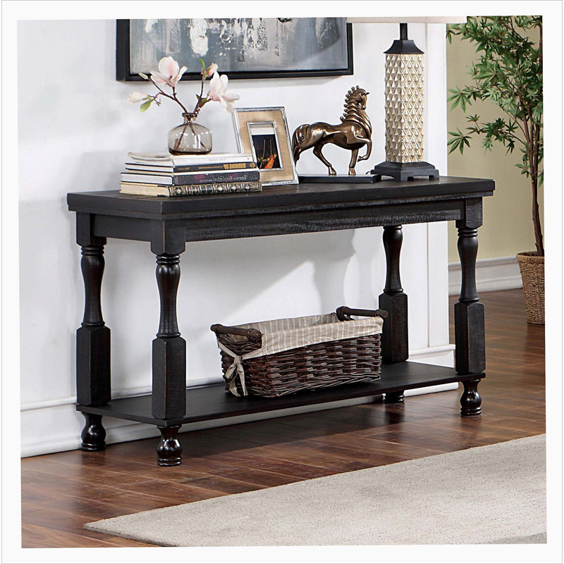 Rustic Style Antique Black 1pc SOFA TABLE Open Bottom Shelf Plank Style Table Top