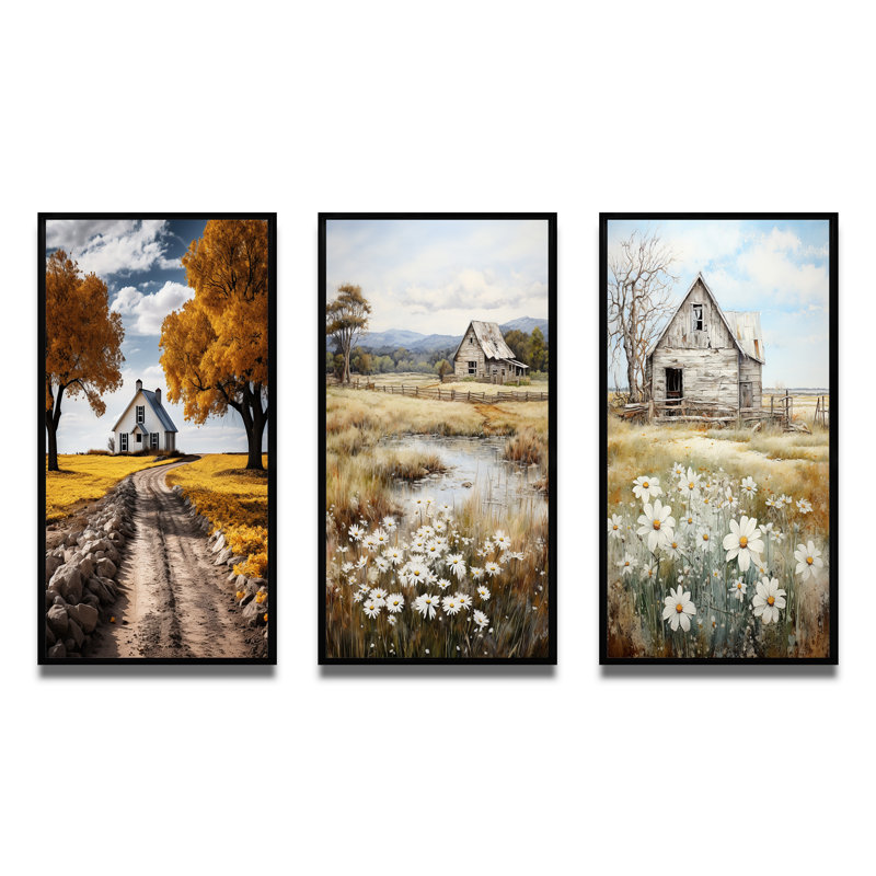 "Élégance campagnarde" - 3 pièces sur toile, Cadre noir, H 20 po x l 36 po
