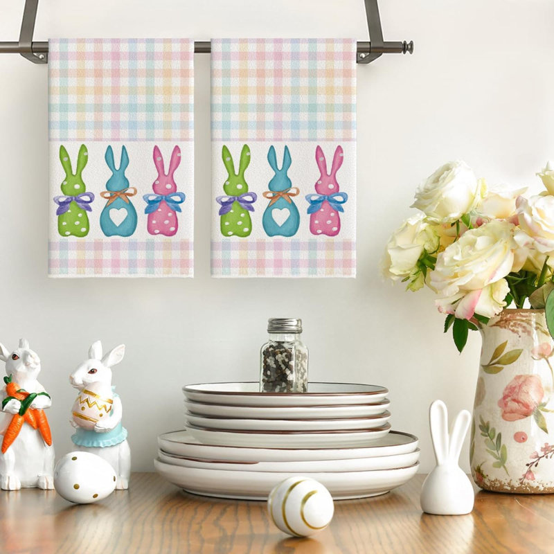 Ensemble de 2 serviettes de cuisine à carreaux, lapin, lapin et Pâques