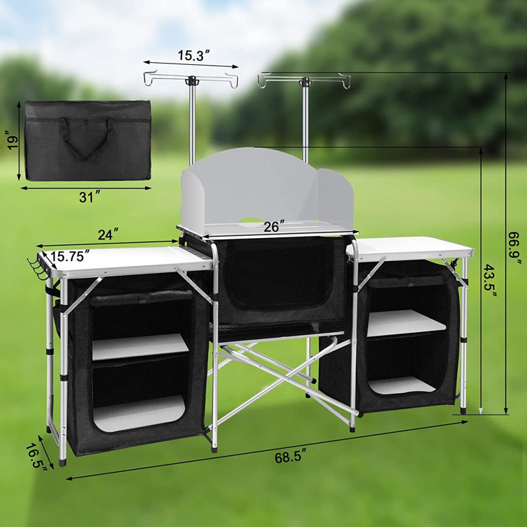 6' Aluminum Portable Fold-Up Camping Kitchen Table with Windscreen and 5  Enclosed Cupboards 