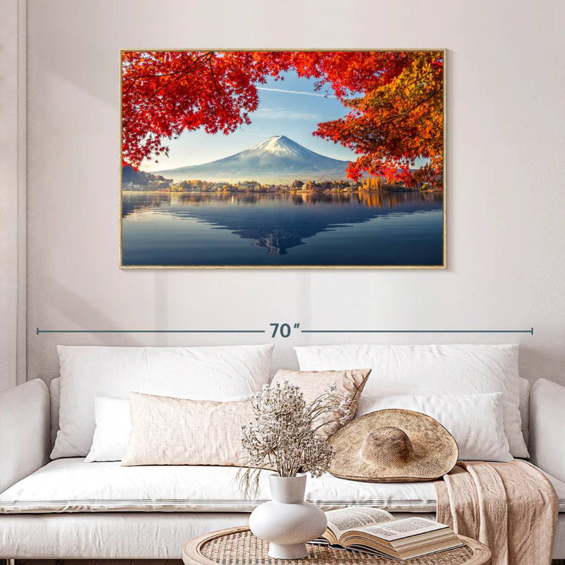 Mont Fuji - automne, Cadre flottant en bois naturel, 46 po x 31 po