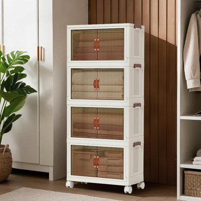 4 Tier Stackable Storage Bins, Foldable Plastic Storage Box with Wheels & Doors, Collapsible Snack Cabinet Toy Organizer for Nursery Apartments Dorms, No Tools Required, White