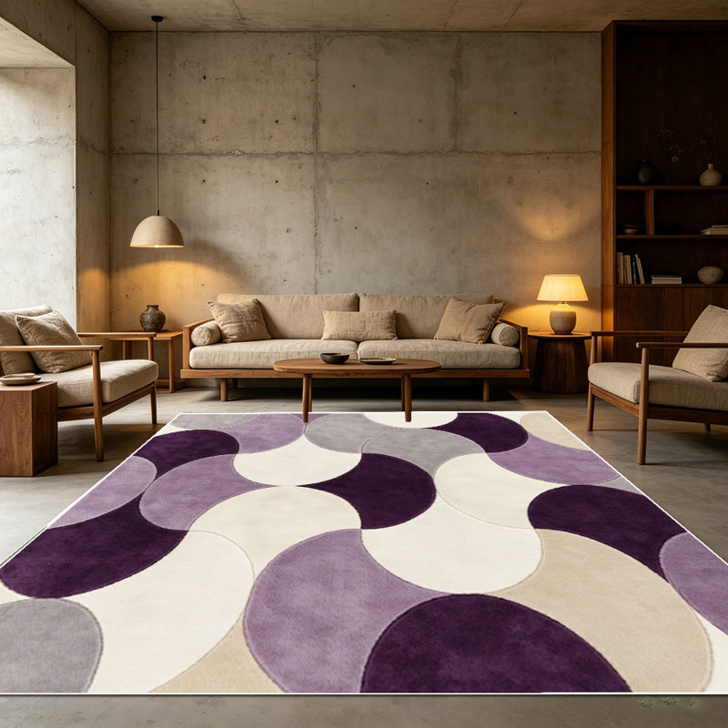 1PC overlapping rounded geometric oval purple grey beige off-white area rugs for Living Room, Soft and Comfortable, Suitable for all seasons, easy-to-maintain, machine washable Indoor floor mat, Under Table Farmhouse suitable for living room, dining...