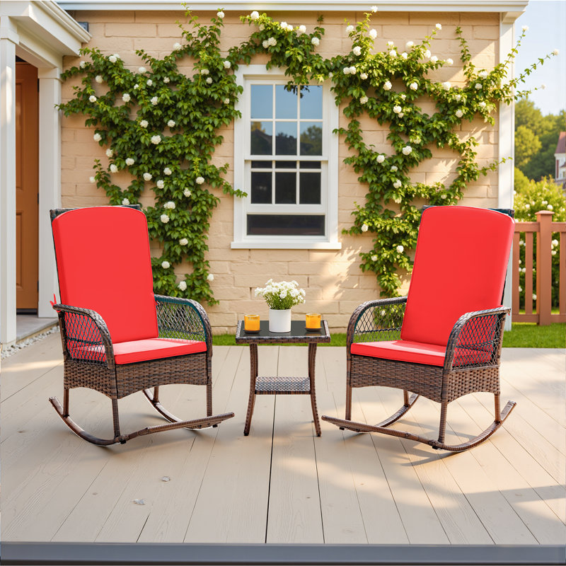 Patio Rocking Conversation Set for 2, PE Wicker Outdoor Rocking Chairs & Glass Table with Weather-Resistant Cushions, for Backyard Garden Deck Poolside Seating