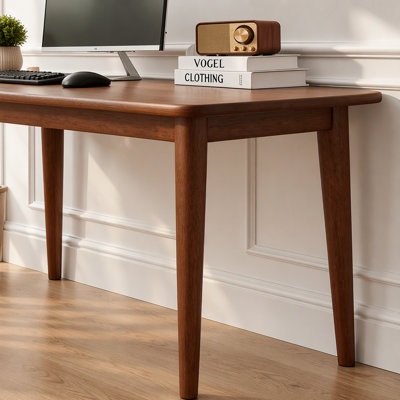 Solid Wooden Desk,63 x 19.7 Inch Desks, Rubberwood Mid Century Modern Desks, Small Writing Desk for Bedroom,Small Spaces - Walnut Color