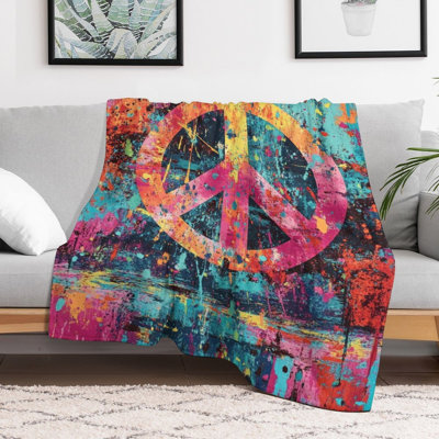 Vibrant Peace Symbol Splash Art Background Luxury Flannel Throw Blanket, Soft Warm Fuzzy Blanket for Living Room Sofa Bed Home Decor