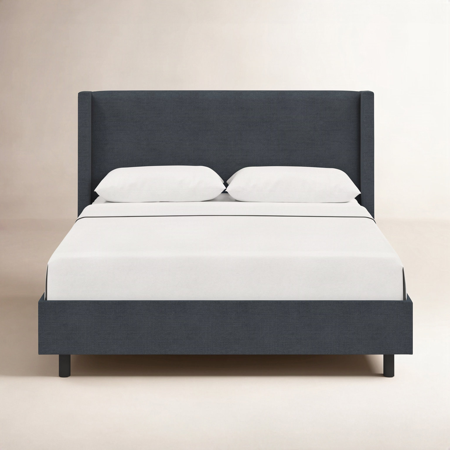Hanson Upholstered Wingback Platform Bed, Classic Navy Linen, Queen