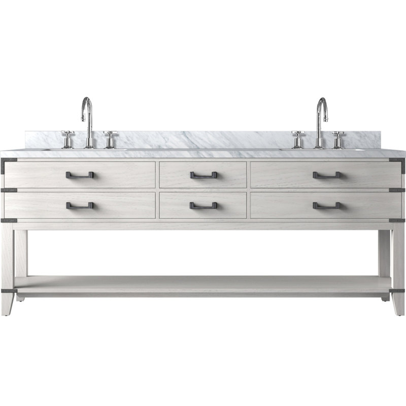 Meuble-lavabo double en chêne blanc 84 po, comptoir en marbre, robinet, fermeture en douceur, armoire de rangement à quatre tiroirs l 84 po x P 22 po avec quatre tablettes suspendues