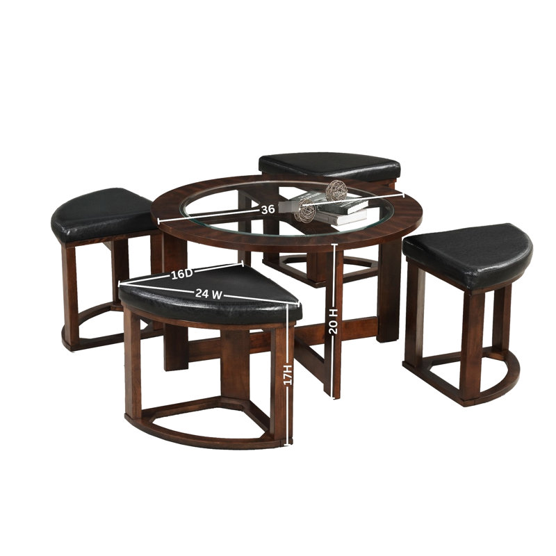 Table contemporaine en bois massif avec plateau en verre et 4 tabourets