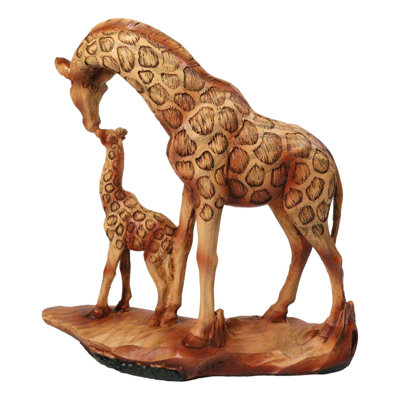 Safari Giraffe Family Figurine Mother and Calf Faux Wood Carved Look Figurine