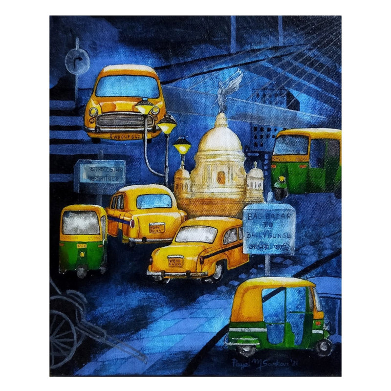 Kolkata, trafic sur route, peinture à l'acrylique sur toile par Payel Mitra