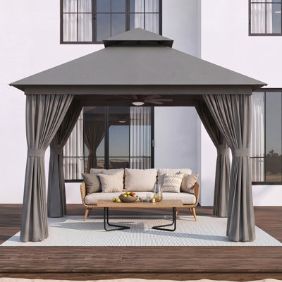 8'x8' Outdoor Gazebo with Curtain & Mosquito Netting, Gray, Heavy-Duty Party Tent with Double Roof, Patio Tent with Zipper Screens Backyard Garden Lawn Shelter