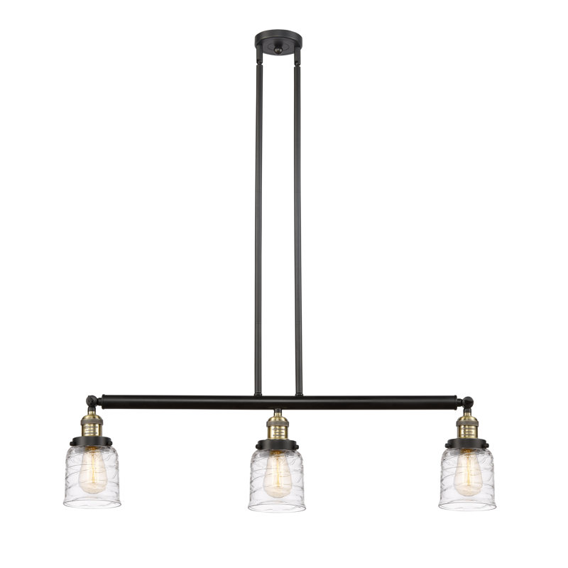 Luminaire suspendu linéaire à 3 lumières pour îlot de cuisine Harta, Laiton antique noir, DEL, Tourbillon déco transparent