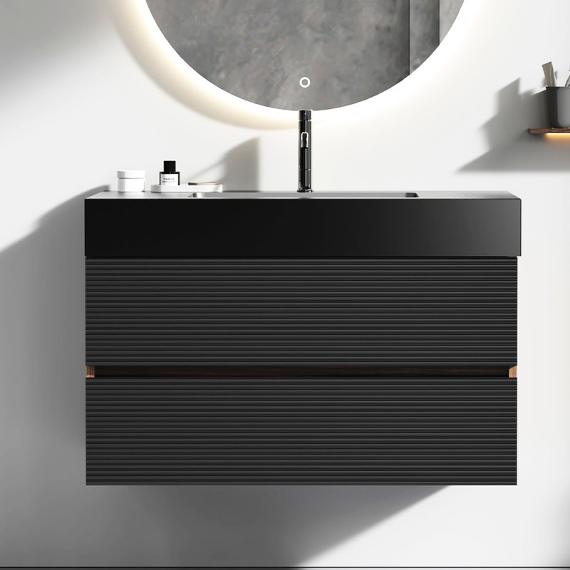 Meuble-lavabo mural Grace de 36 po avec tiroirs en noyer et système noir, lavabo en quartz mat, tiroirs à fermeture amortie, finition noyer moderne