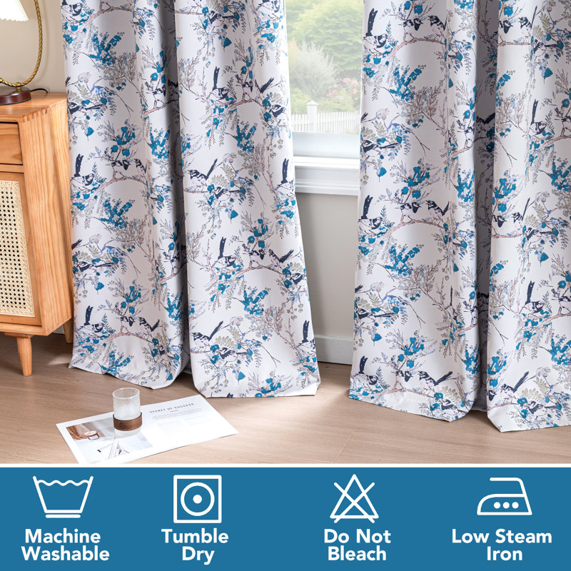 100% Blackout Curtains 2 Panels Set Hummingbird Floral Printed Drapes for Bedroom with , Blue, 52" W x 84" L