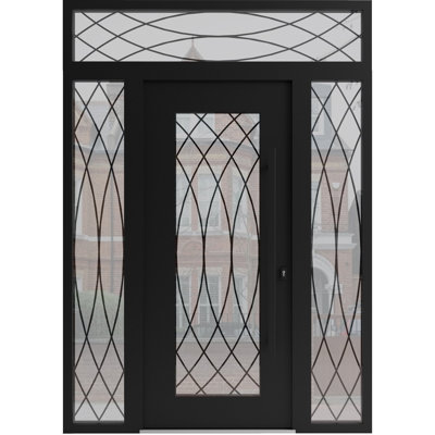 Porte d'entrée extérieure pré-montée en aluminium, style classique, peinte, en acier noir, 1600 mm, 62 x 96 pouces (14+36+14 x 80+16 pouces), ouverture à gauche vers l'intérieur.
