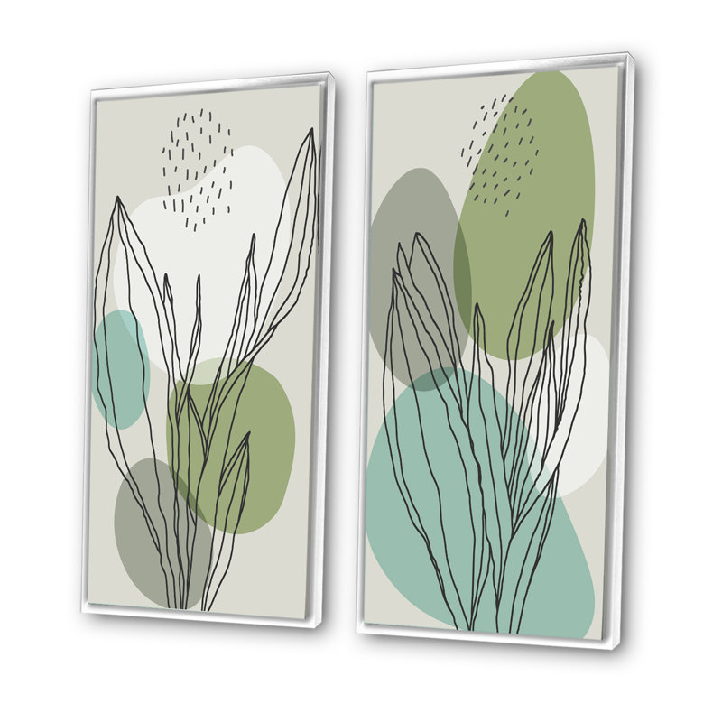 «Green Botanical Abstract Leaves I», ensemble de 2 peintures, H 20 po x l 24 po x P 1 po, Cadre blanc