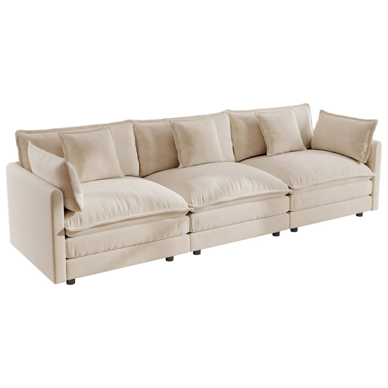 Canapé moderne en chenille 3 places avec 2 accoudoirs et 3 coussins décoratifs, Beige