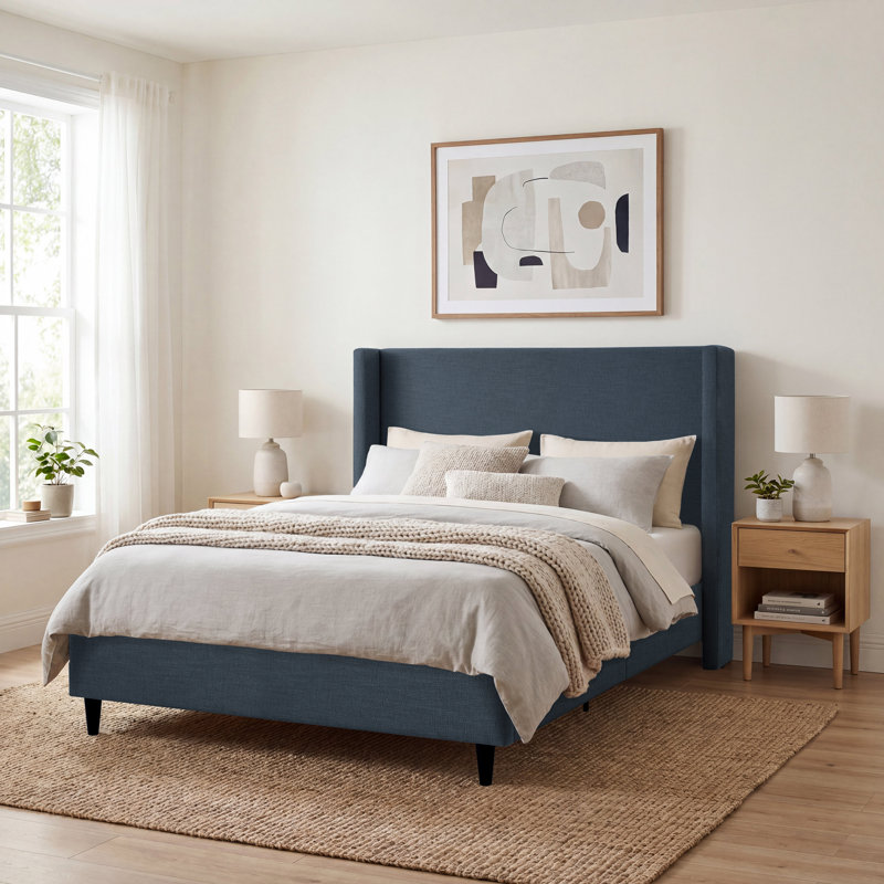 Ana Upholstered Wingback Platform Bed, Dark Blue Canvas, Queen