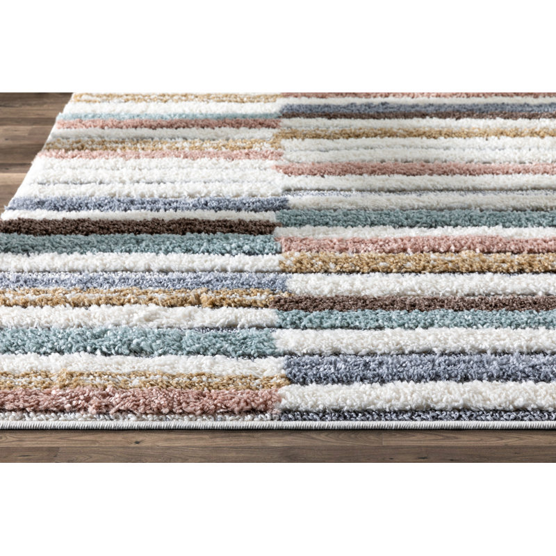Light Blue Striped Reversible Shag Synthetic Rug 47" x 63"