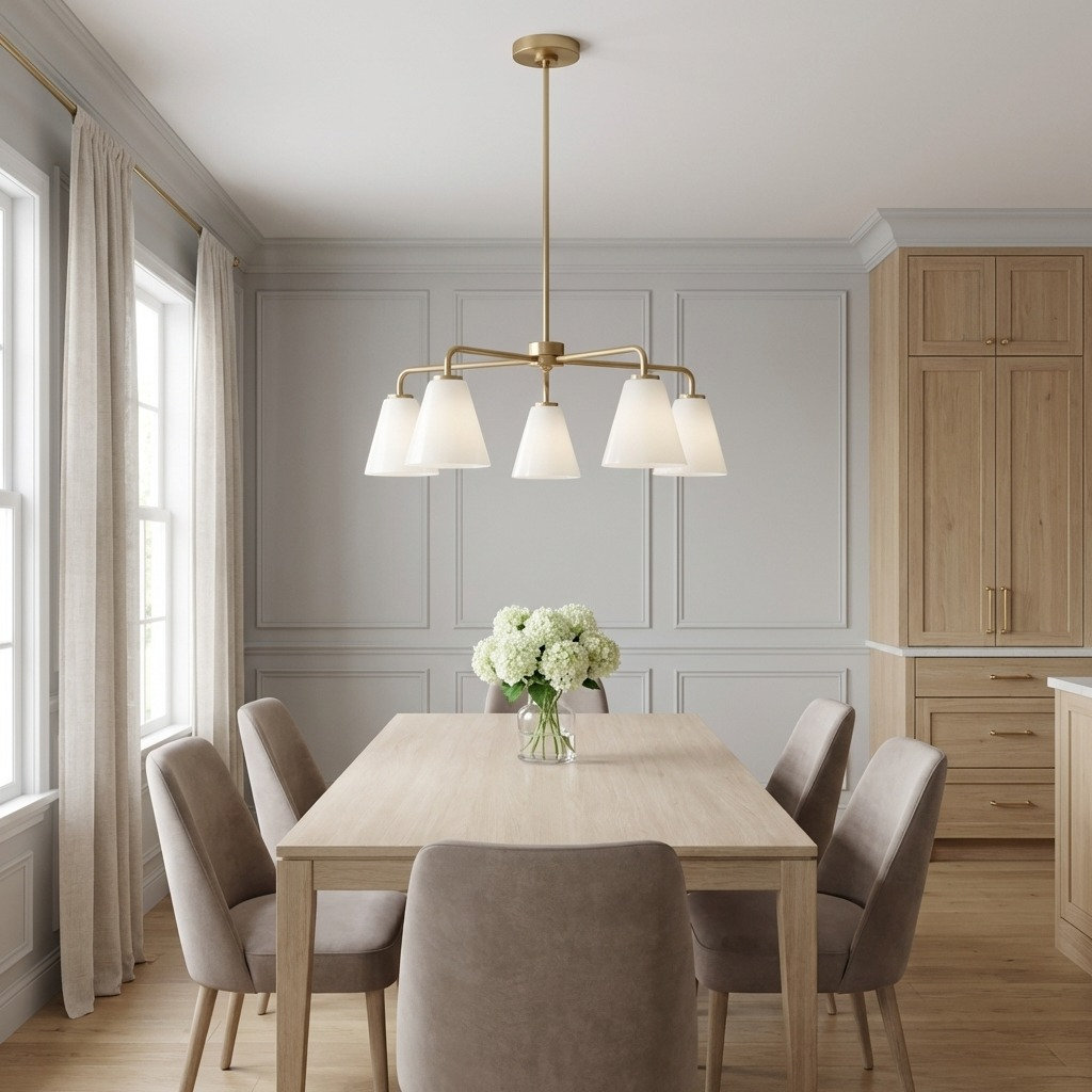 Hayden Five Light Chandelier, Satin Brass, White