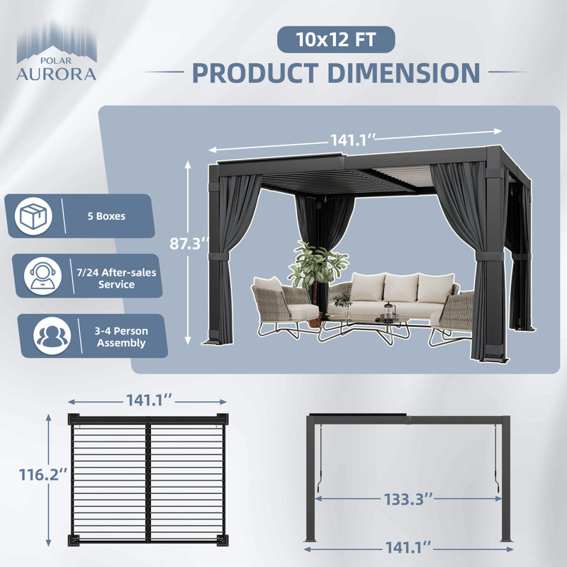 12 ft. W x 10 ft. D Aluminum Pergola with Adjustable Louvered Roof Waterproof Curtains and Nets, 12x10 FT