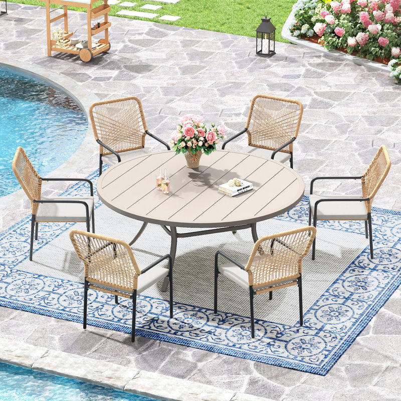 Dining Set With Round Table And Cushioned Wicker Chairs, Sandshell