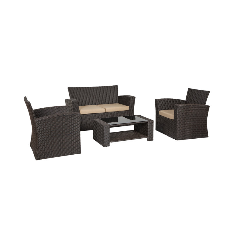 Ensemble de conversation en osier / rotin pour 4 personnes avec coussins Delano, Beige performance, Chocolat