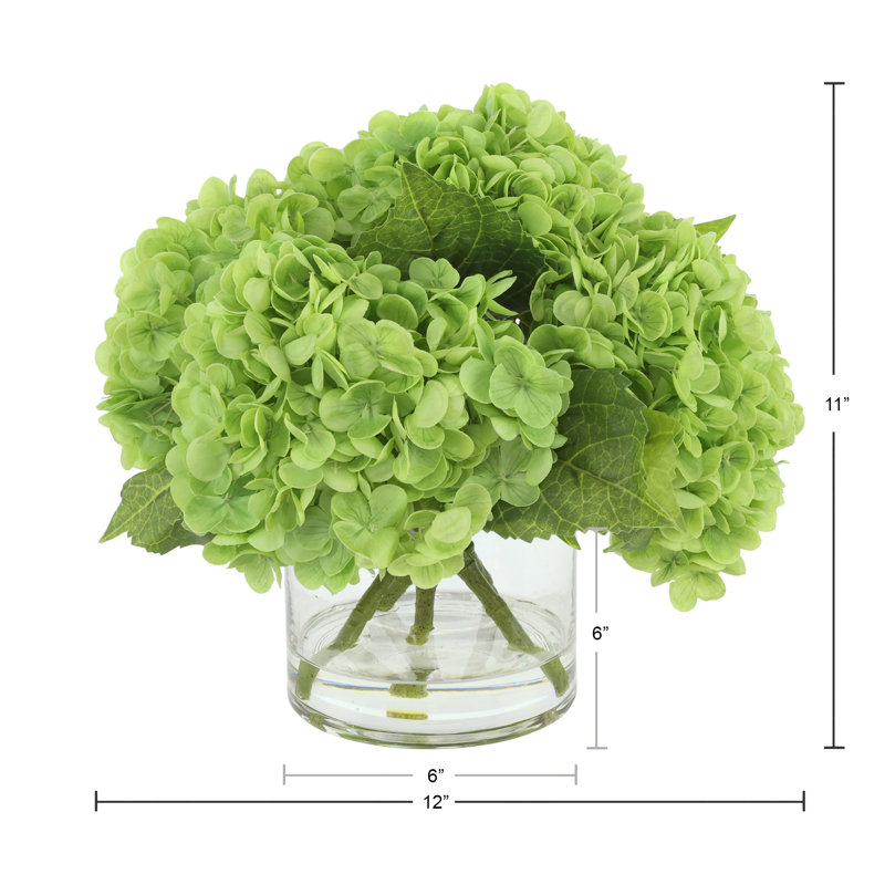 Real Touch Hydrangea Floral Arrangement in a Glass Vase, Green