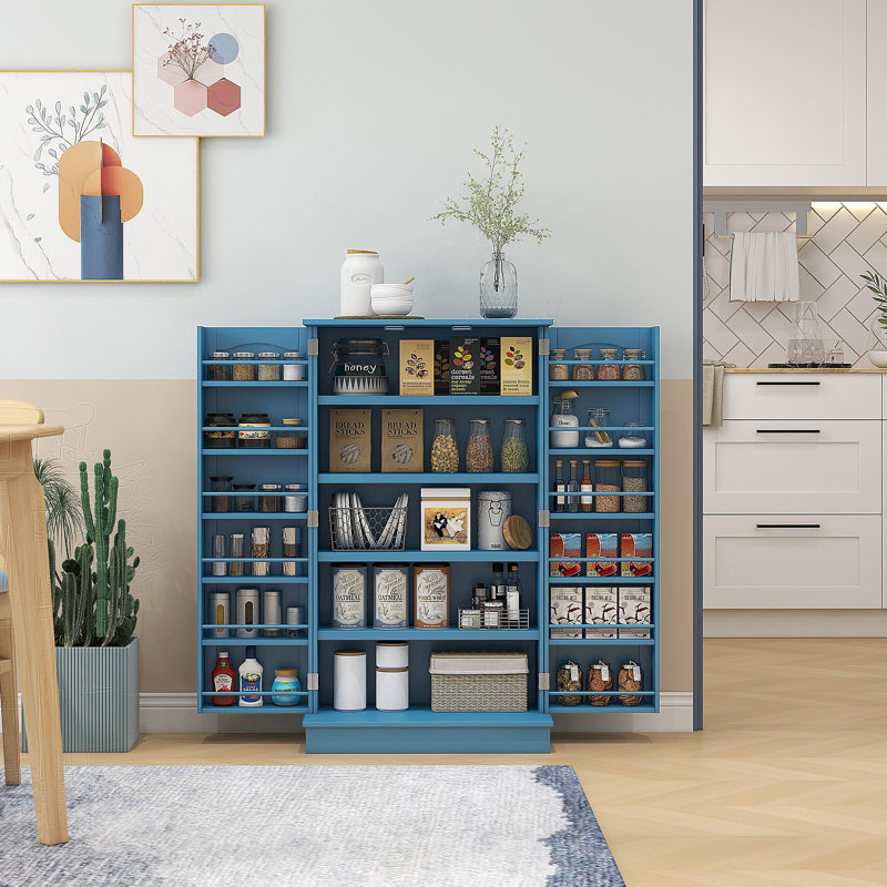 Armoire de rangement pour garde-manger de 41 po, armoire de cuisine autoportante avec 12 portes, portes doubles, tablettes à 5 niveaux et tablettes réglables, bleu