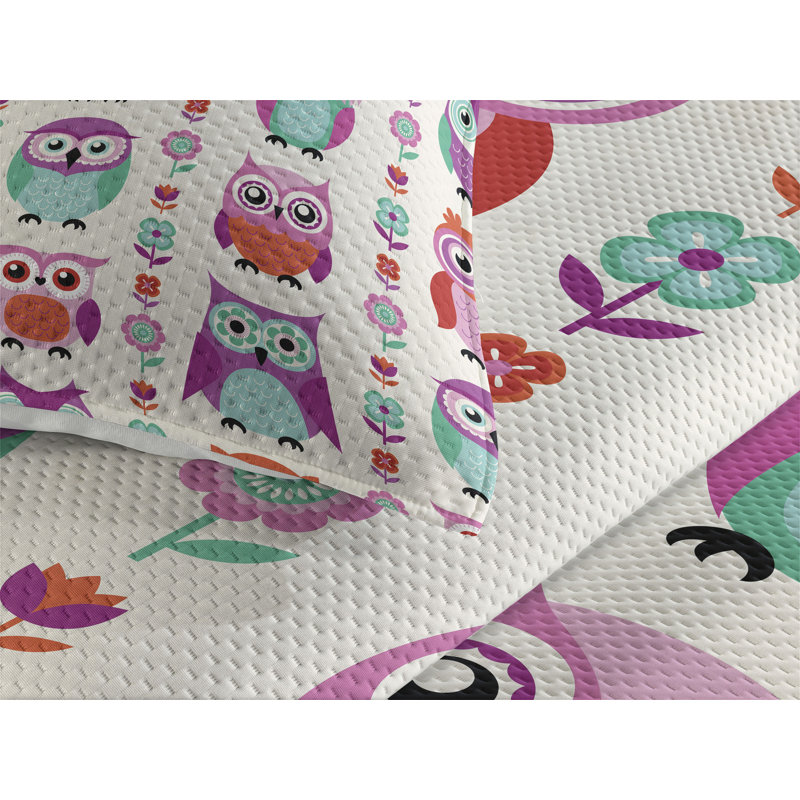 Colorful Owl Print Twin Polyester Bedspread Set