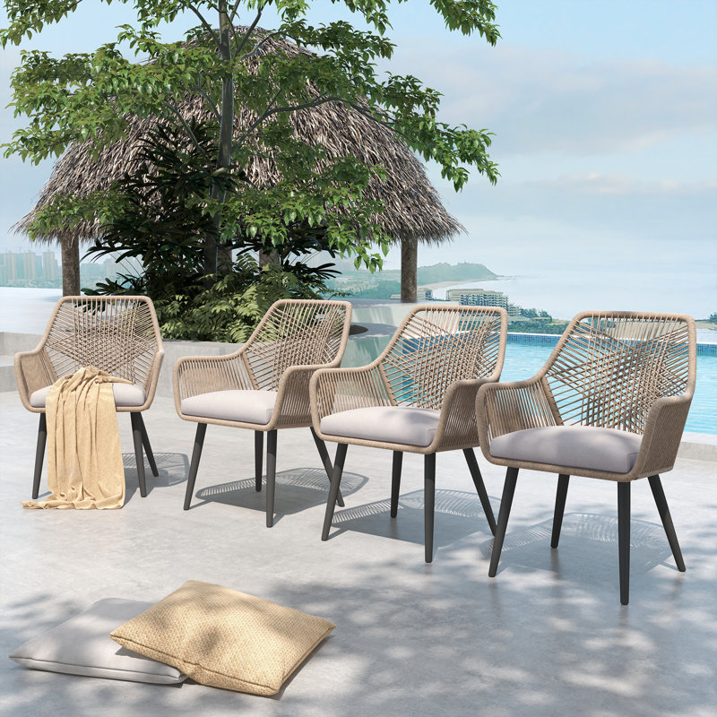 Outdoor Rattan Dining Chairs With Cushions(set Of 4), Beige