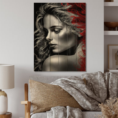 «Vintage Sensuality» en rouge et noir II - impression sensuelle de femme sur bois de pin naturel