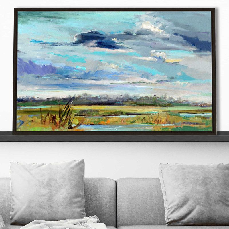 Marsh Skies par - Peinture, Cadre flottant espresso, H 27,5 po x l 43,5 po x P 2 po