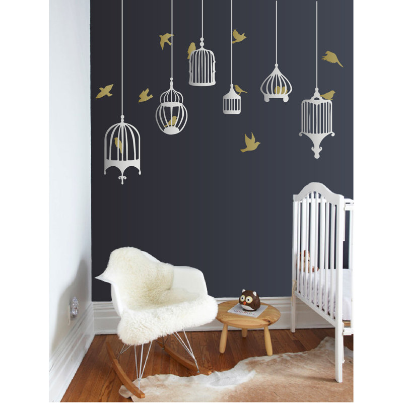 Décalcomanie murale galores oiseau, H 48 po x l 58 po x p 0,01 po, Or/argent
